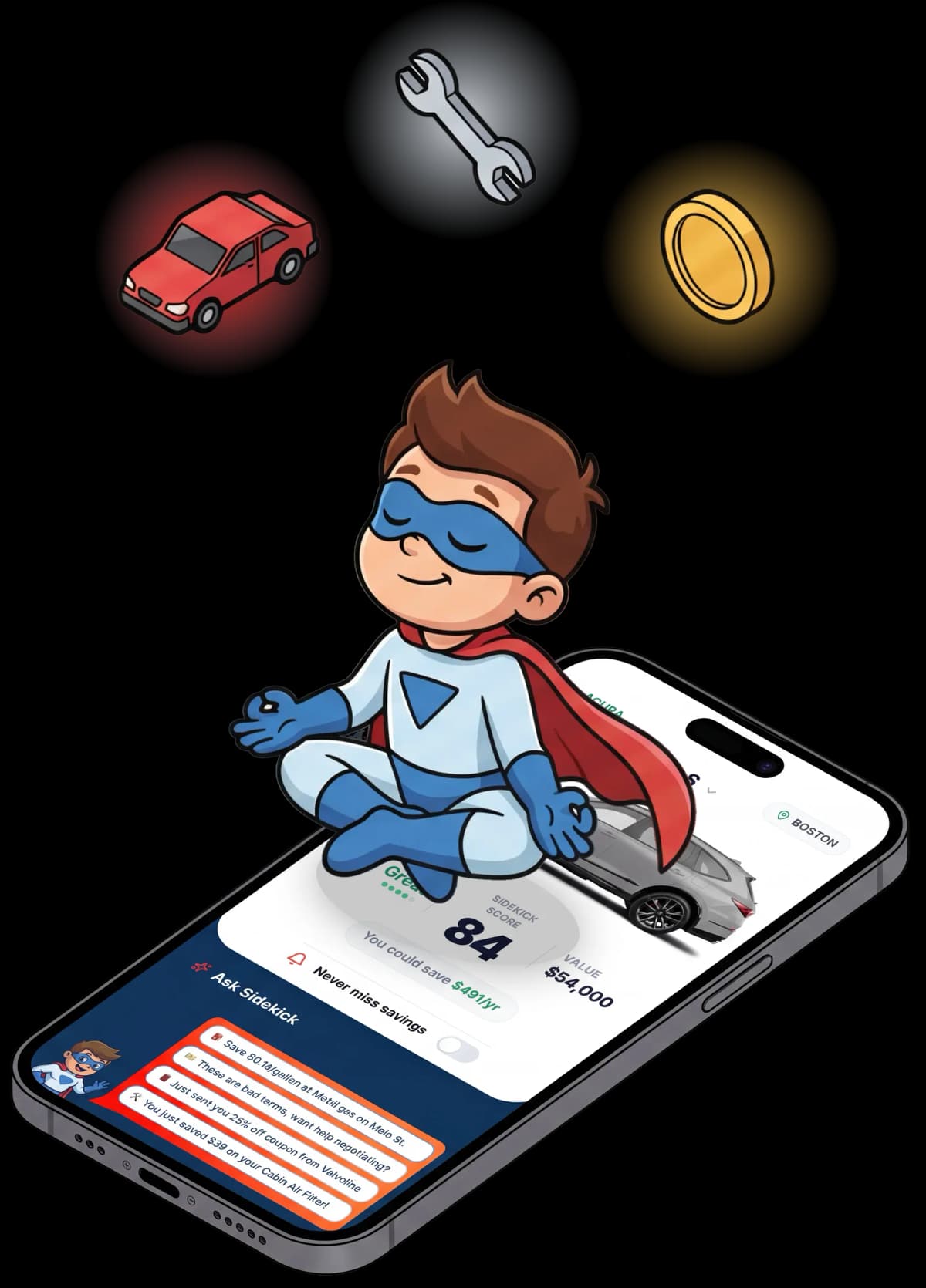 Sidekick superhero with app showing savings opportunities